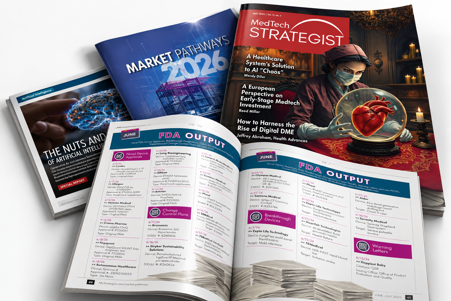 Layered printed magazines, including a MedTech Strategist cover showing a crystal ball and a two-page FDA Output editorial spread