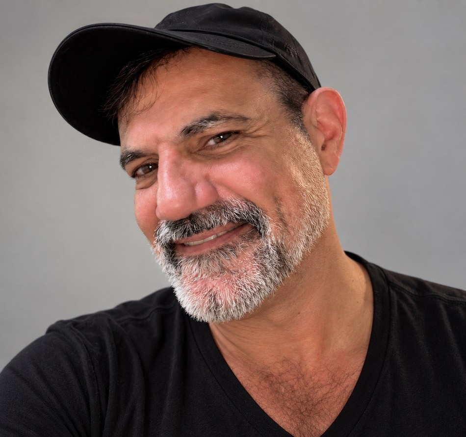Paul Streeto smiling in a black cap and black V-neck shirt